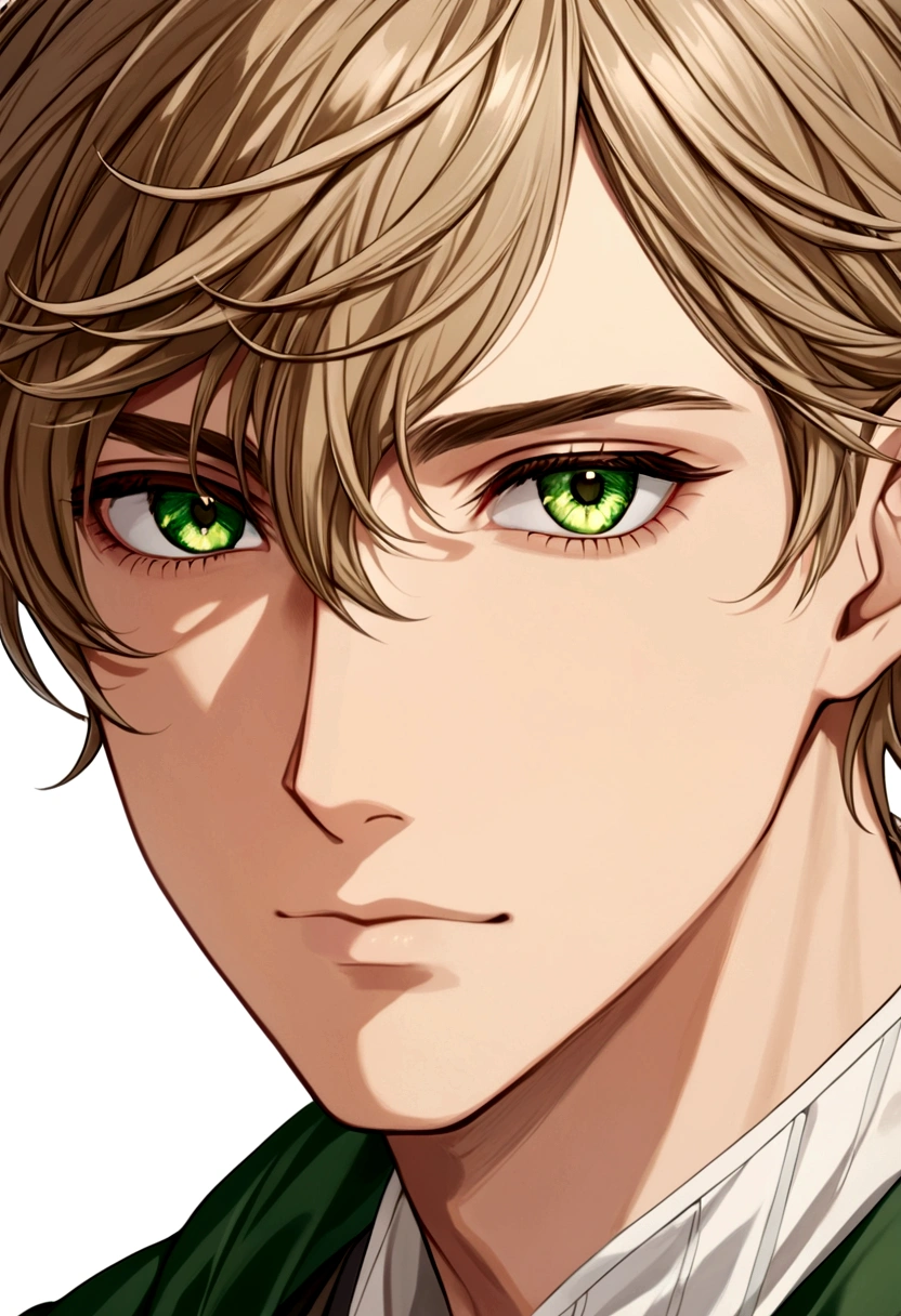 A male student a unique and captivating mix of green and hazel eyes, with long, thick eyelashes that only added to their allure. He has light brown-ish hair, and the tip of his hair is darker