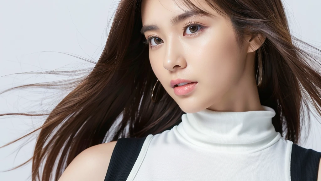 (detailed face),VIVID,pretty,sleeveless and turtle neck white silky clothes,4k ,super high resolution ,(photo-realistic: 1.7),white background,long hair,