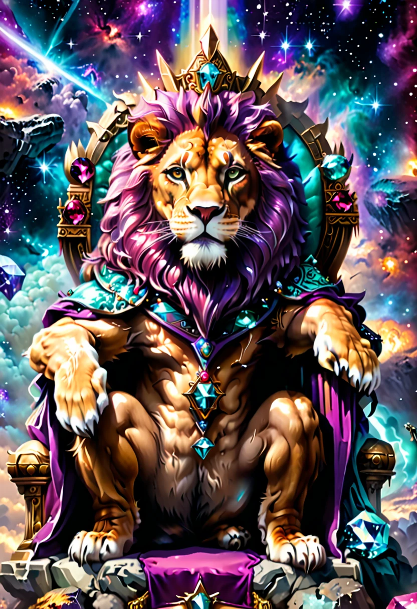 a picture of a massive epic throne, it has purple silk cushions, rubies, topaz, aquamarine gemstones, there is an epic lion resting ((at the base of the throne)) , behind the throne there are stars and nebulas of space a sense of high royalty, nobility and magic , (masterpiece: 1.4) a (portrait: 1.3) intense details, highly detailed, photorealistic, best quality, highres,16k, [ultra detailed], masterpiece, best quality, (extremely detailed), close up, ultra wide shot, photorealistic, RAW, fantasy art, dnd art, fantasy art, realistic art,((best quality)), ((masterpiece)), (detailed), RagingNebula, aetherpunkai, ral-ntrgmstn
