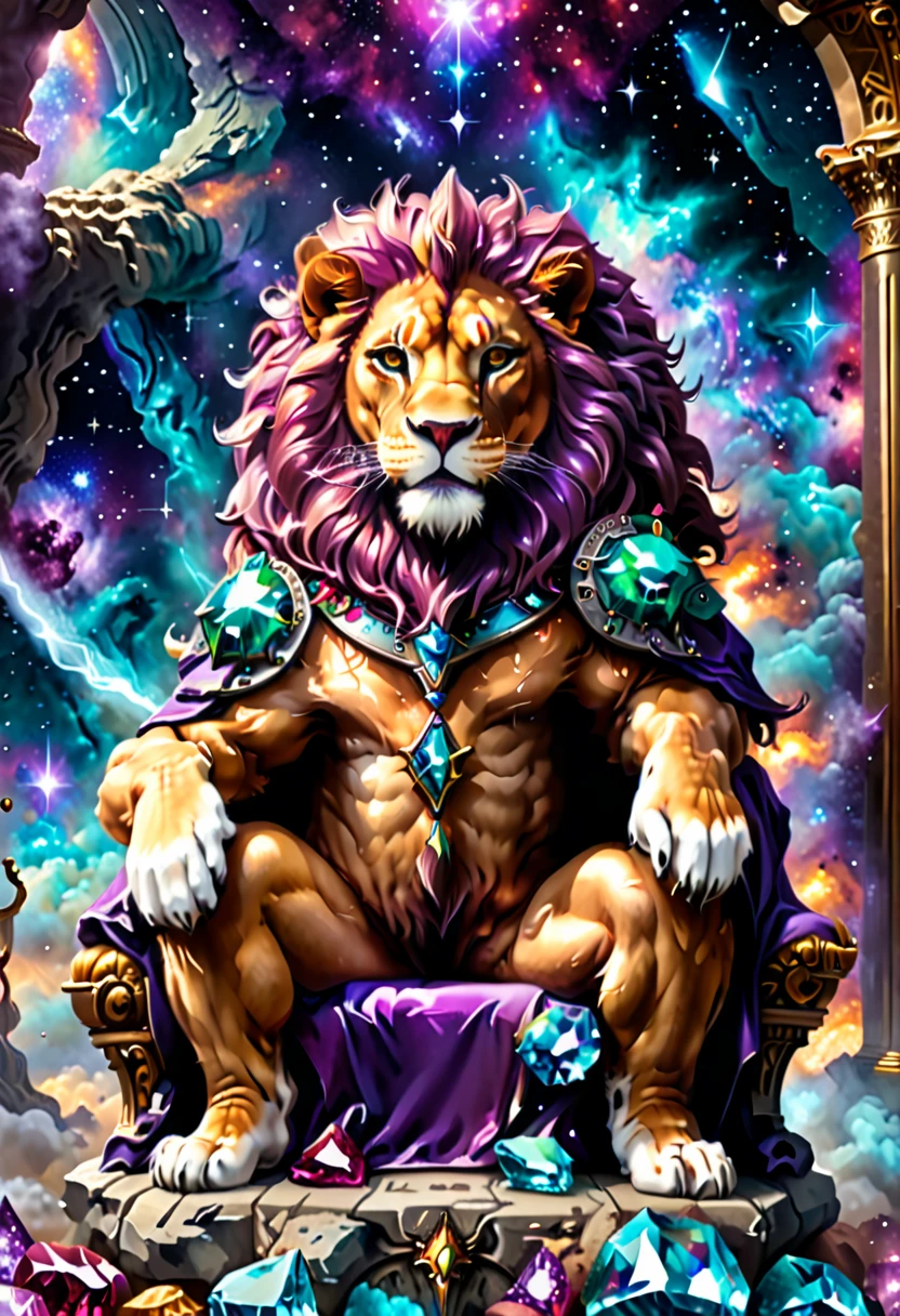 a picture of a massive epic throne, it has purple silk cushions, rubies, topaz, aquamarine gemstones, there is an epic lion resting ((at the base of the throne)) , behind the throne there are stars and nebulas of space a sense of high royalty, nobility and magic , (masterpiece: 1.4) a (portrait: 1.3) intense details, highly detailed, photorealistic, best quality, highres,16k, [ultra detailed], masterpiece, best quality, (extremely detailed), close up, ultra wide shot, photorealistic, RAW, fantasy art, dnd art, fantasy art, realistic art,((best quality)), ((masterpiece)), (detailed), RagingNebula, aetherpunkai, ral-ntrgmstn