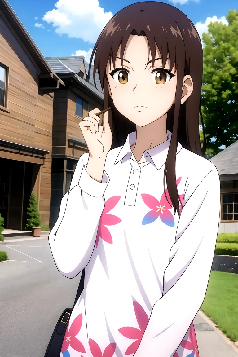 (masterpiece, best quality:1.2), 1girl, yumiko koizumi, asymmetrical bangs, bangs, black hair, blue sky, brown eyes, brown hair, cloud, cloudy sky, dress, eyebrows visible through hair, floral print, hand up, index finger raised, long hair, long sleeves, looking at viewer, outdoors, shirt, sky, tree, upper body, white shirt
