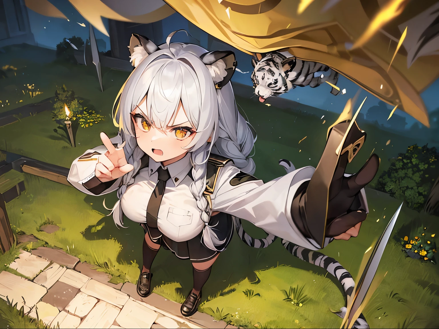 (high resolution),(meadow),(ruins),(night),(1woman),(from above),(piercing eyes),(monastery uniform),(angry),(single braid),(taiger tails),(white tiger ears),(plump),(fighting stance),(holding daggers),(acrobatic pose)