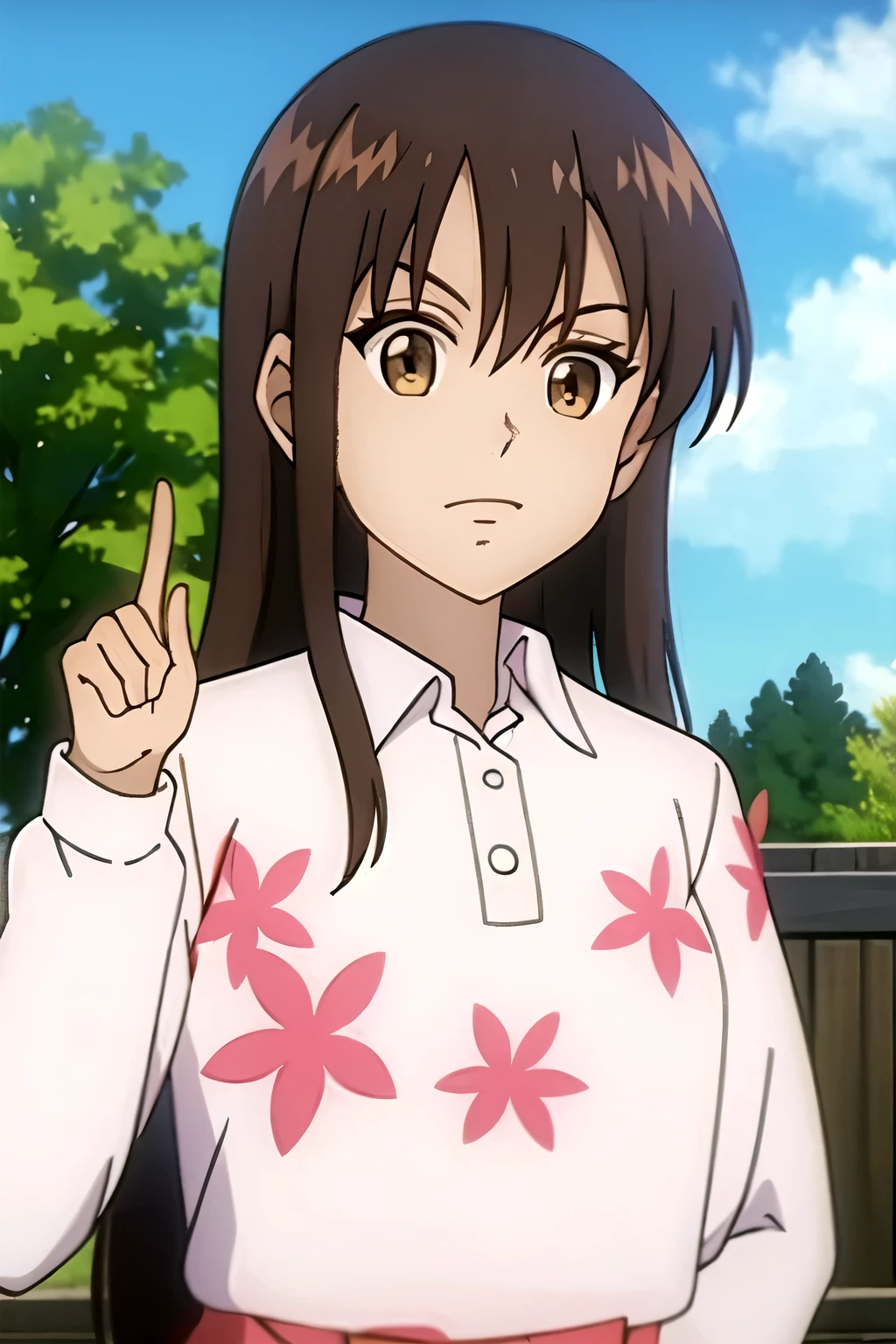 (masterpiece, best quality:1.2), 1girl, yumiko koizumiasymmetrical bangs, bangs, black hair, blue sky, brown eyes, brown hair, cloud, cloudy sky, dress, eyebrows visible through hair, floral print, hand up, index finger raised, long hair, long sleeves, looking at viewer, outdoors, shirt, sky, tree, upper body, white shirt