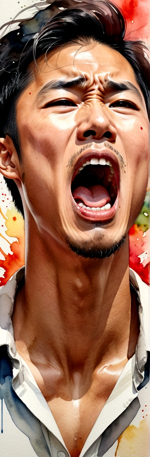Side view of a young Asian man,His mouth opened wide and he shouted loudly in anger..,watercolor,abstract art,greatly exaggerated