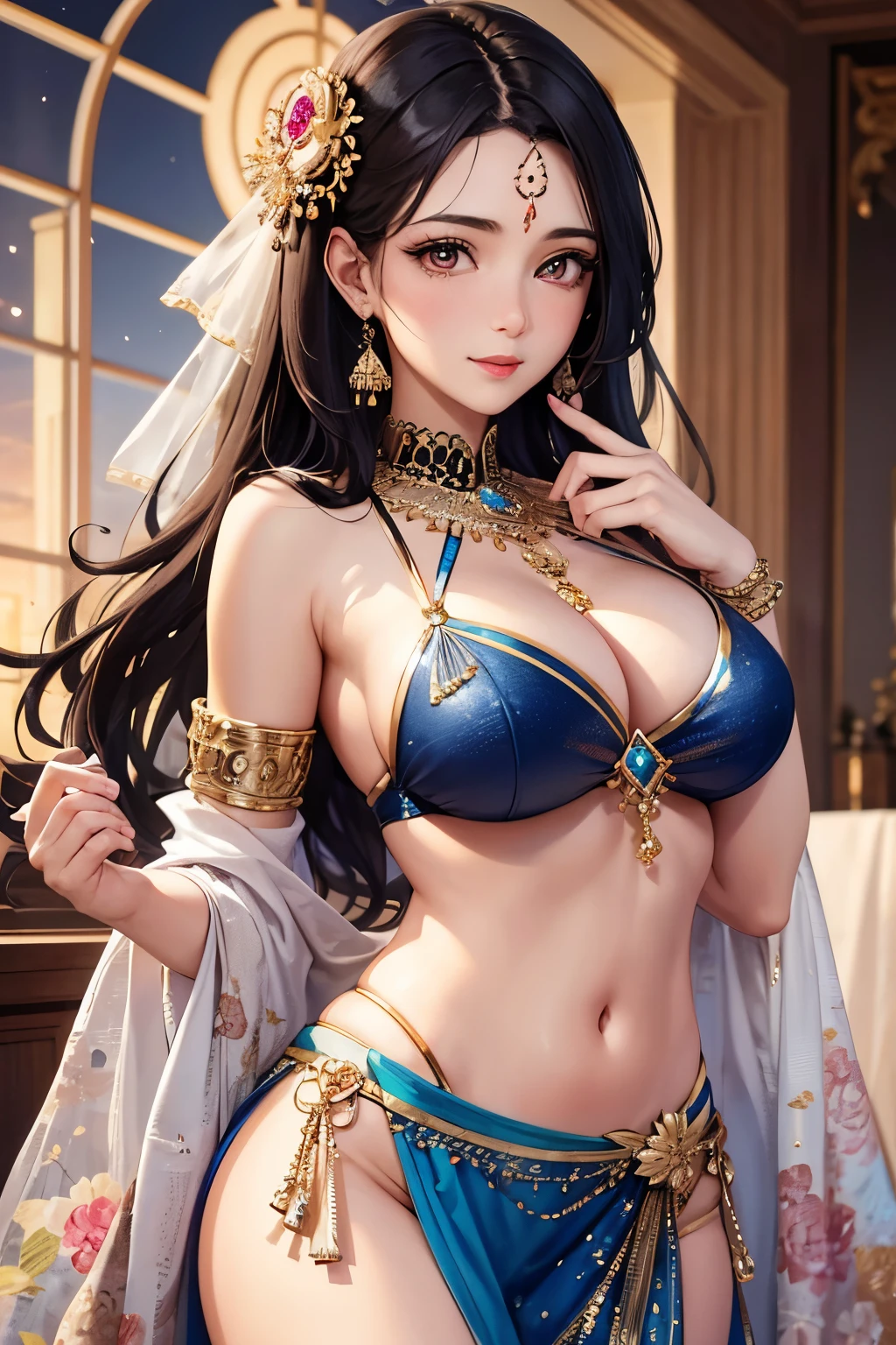 masterpiece, best quality, highly detailed, high resolution, expensive resolution, high resolution, 4k, 8k, uniform 8k wallpaper, highly detailed CG, masterpiece, 2d, 3d, beautiful details, depth, fine texture, best quality: 1.3, perfectly focused, sharp. skin, him, very cute anime girl, cute 20s girl in indian costume saree, big breasts, pink medium long hair in expensive clothes, mole under eye, looking at the viewer, expensive, blush, mole, open lips, pink eyes, smiling heart shaped choker