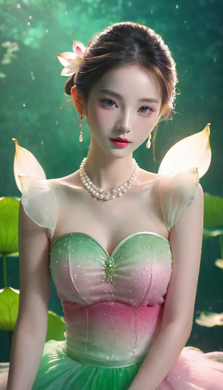 Lotus girl，Lotus fairy，Pink green gradient fluffy tulle skirt，Lotus hair accessories，Lotus Jewelry，The watery girl，dream，Delicate face，Facial details,bust，Water Drops，pearl，bust，Lotus background，Front view