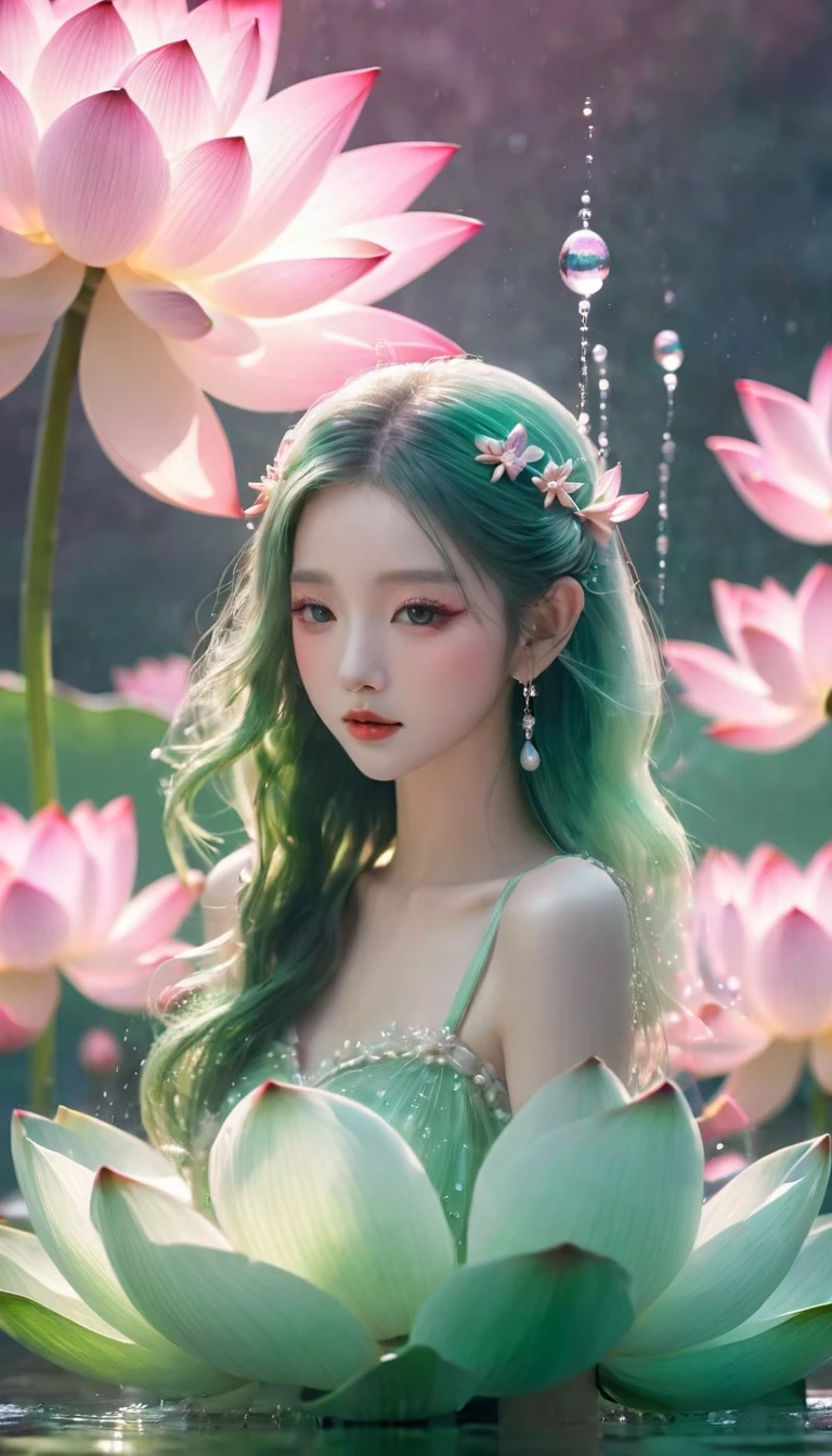 Lotus girl,Lotus fairy,Pink green gradient fluffy tulle skirt,Lotus hair accessories,Lotus Jewelry,The watery girl,dream,Delicate face,Facial details,bust,Water Drops,pearl,bust,Lotus background,Front view