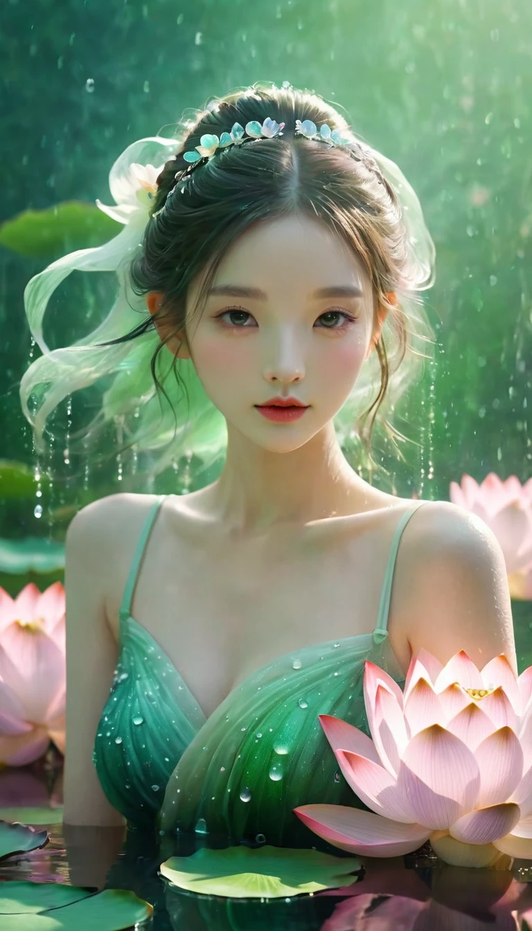 Lotus girl，Lotus fairy，Pink green gradient fluffy tulle skirt，Lotus hair accessories，Lotus Jewelry，The watery girl，dream，Delicate face，Facial details,bust，Water Drops，pearl，bust，Lotus background，Front view