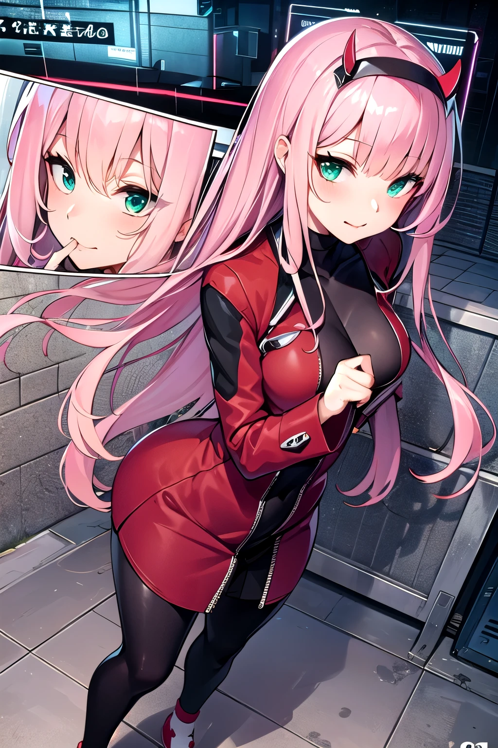 Masterpiece, top quality, best quality, official art, beautiful and aesthetic, anime, 1girl, Zero Two, extremely detailed, colorful, more detailed ((ultra-detailed)), (highly detailed CG illustration),horny,detailed face,pink hair, big green eyes, red dress, in middle,skinny fit, small breasts,cleavege,street,night,cyberpunk,fullbody shot,showing panties.