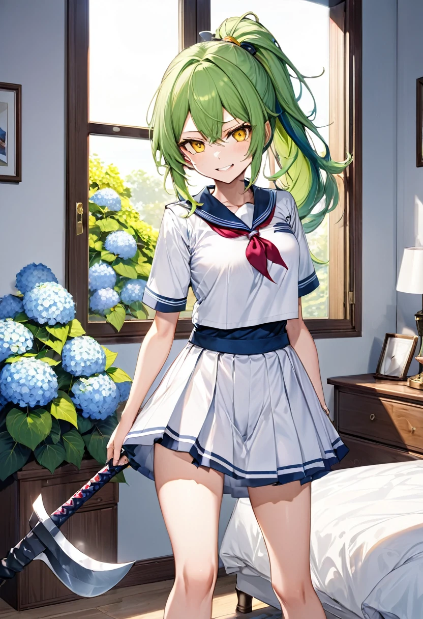 (frontale, full body) (15 yo, solo ponytail green hair long hair divine axe fighter girl, angry yellow eyes, angry:1.3 smile, medium tits), (in a summer maide uniform), break, (in the simple bedroom, background Through the window, out side A cluster of hydrangeas), BREAK, perfect anatomy, masterpiece, best quality, 16k, beautiful detailed grow, daydreaming expression.