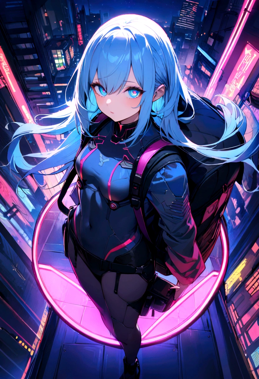 (masterpiece), (Highest quality), Ultra-high resolution, Sharp focus, ((1 female, alone)), whole body, Cyberpunk Theme,Small breasts, Beautiful detailed hair, Light blue hair, long hair hangs down, Beautifully detailed face, ((Beautifully shaped eyes, blue eyes)), Perfect feminine face, View your audience, Feminine navy blue cyberpunk outfit,refined armor, Brightly colored city neon lights, (At night:1.2),Large backpack