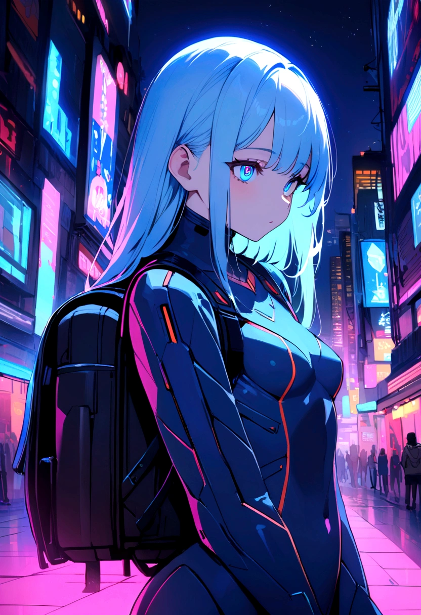 (masterpiece), (Highest quality), Ultra-high resolution, Sharp focus, ((1 female, alone)), whole body, Cyberpunk Theme,Small breasts, Beautiful detailed hair, Light blue hair, long hair hangs down, Beautifully detailed face, ((Beautifully shaped eyes, blue eyes)), Perfect feminine face, View your audience, Feminine navy blue cyberpunk outfit,refined armor, Brightly colored city neon lights, (At night:1.2),Large backpack