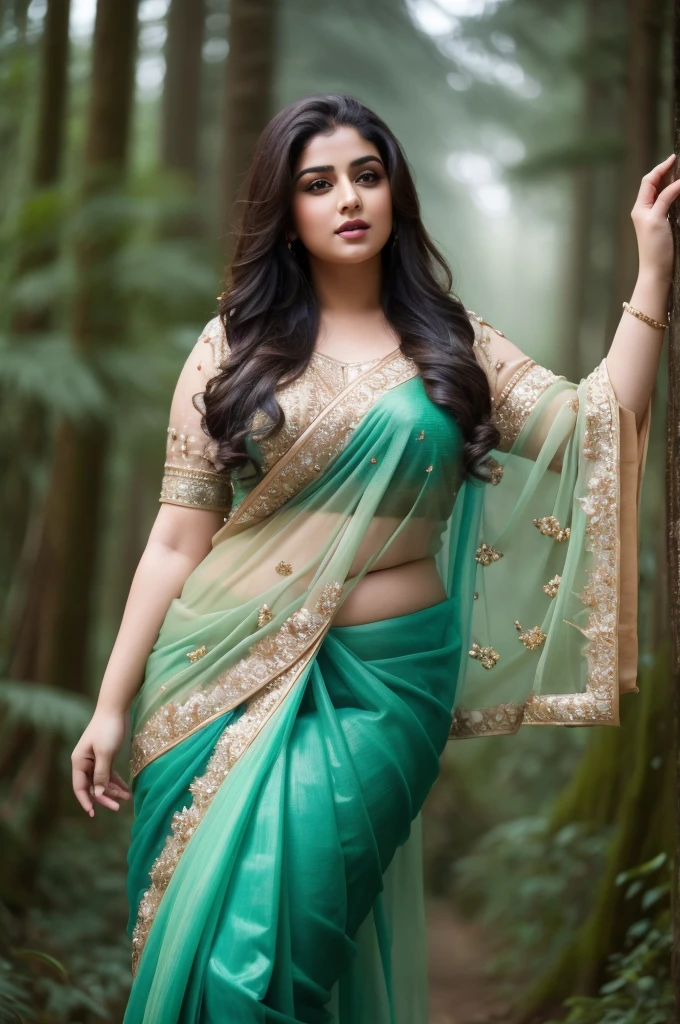 1 Heavenly beautiful and goddess beauty cute and sweet looking face Arabian woman in front of rainy forest, Heavenly beautiful Overweight, Heavenly beautiful Extremely fat, Heavenly beautiful and attractive Chubby figure , Heavenly beautiful looking and eye catching luxury style saree , reaching out, Heavenly beautiful Arabian woman, 16k, High resolution, masterpiece, highest quality, fine skin, close up figure view, Realistic Photograph