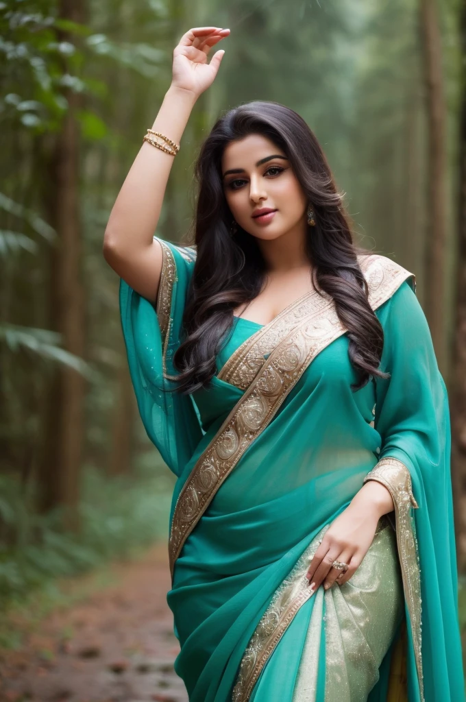 1 Heavenly beautiful and goddess beauty cute and sweet looking face Arabian woman in front of rainy forest, Heavenly beautiful Overweight, Heavenly beautiful Extremely fat, Heavenly beautiful and attractive Chubby figure , Heavenly beautiful looking and eye catching luxury style saree , reaching out, Heavenly beautiful Arabian woman, 16k, High resolution, masterpiece, highest quality, fine skin, close up figure view, Realistic Photograph