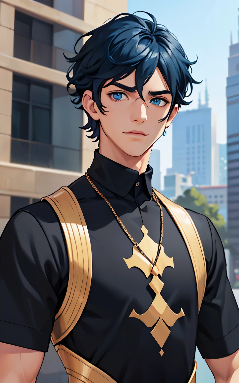 Masterpiece, best quality, 1boy, solo, male, teenager, boy, 20 years old, deep blue hair, cute, tall, handsome, perfect face, deep blue eyes, curly hair style, oval shaped eyes, green eyes, clever eyes, shiny eyes, small nose, thin lips, detailed face, standing, confirmed pose, half smiling, wearing black shirt, tight black shirt, sleeves up, half body,portrait style,looking at viewer, city in background, light and shadow, Disney style, miraculous ladybug style, digital painting, zagtoon style