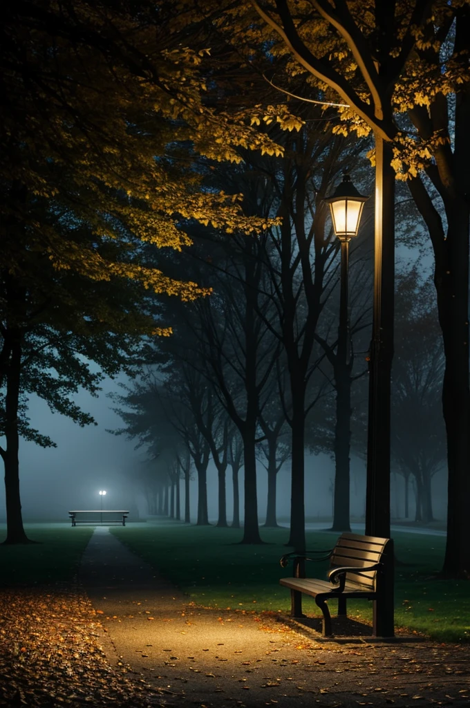 shows an empty bench in a park, with a lone lamp softly illuminating the area. In the background, dark trees and light fog