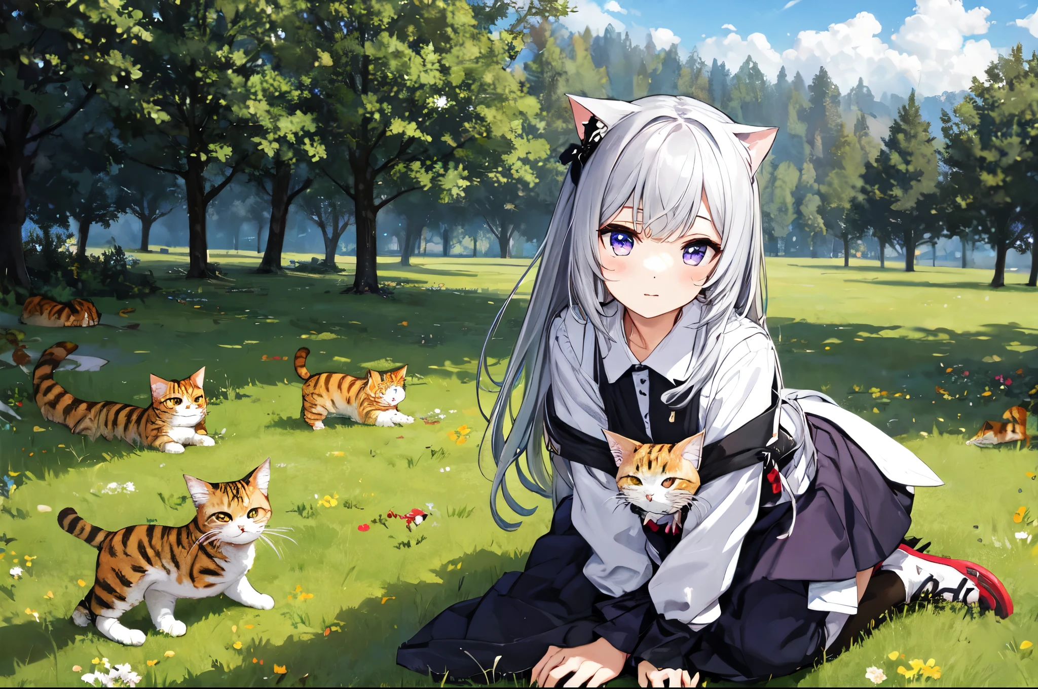 girl、Feline Pose、line up、lure、Lucky cat、break、grassland