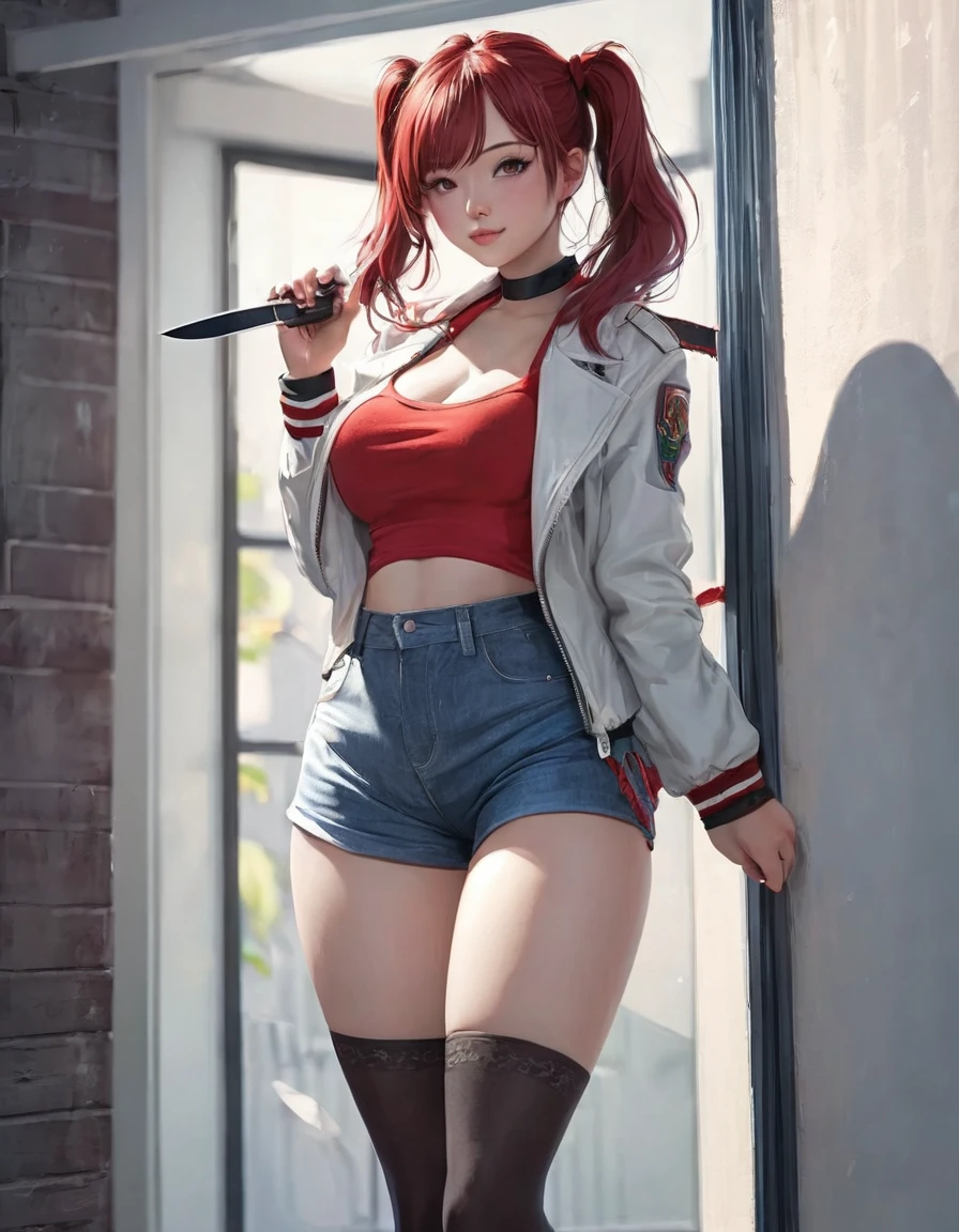 BREAK Perfect Anatomy、Highest quality、(cute:1.1)、(cute)、(High resolution:1.2)、Unbelievably absurd:1.3、Incredible illustrations、(cuteイラスト:1.2)、,(Beautiful background、Late Night、Bedroom、Red Curtain)、1gial(Red hair、strong wavy hair、ponytail) height 1.6meters, chubby 40kg
,(leather jacket、Short denim、Red Tank Top、Thigh-high stockings)Holding a large knife in his hand、Against the wall、Glaring at me