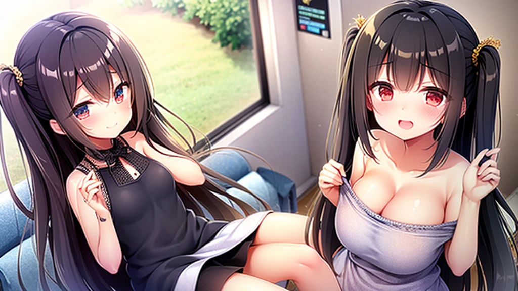 masterpiece, Highest quality,cute, (Super Long Hair),((A lot of hair)),smile,Two people,((On the express train)),Black Hair,Beautiful hair,Ponytail or twin tail,Sitting,Eating lunch