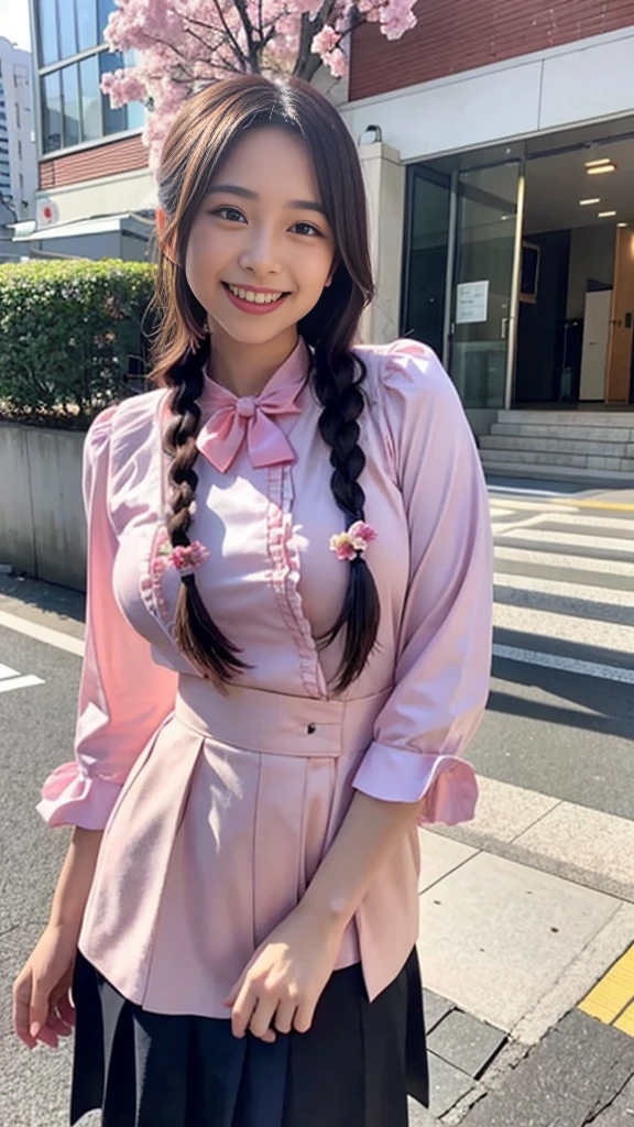 Raw photo、Ultra-realistic、Ultra detailed face、Detail lips、Detailed eyes、High school girl smiling showing her teeth、Long Hair:1.1、chest、Visible curves、Laughing with your mouth open 、Tokyo city角、 Whole body、( Slender body)、(Long Hair)、Big Breasts、Idol、(pastel colour)、18-year-old、Small face、Braid、 Tokyo city、Long beautiful legs 1.2、Curved waist、flower、uniform、blouse