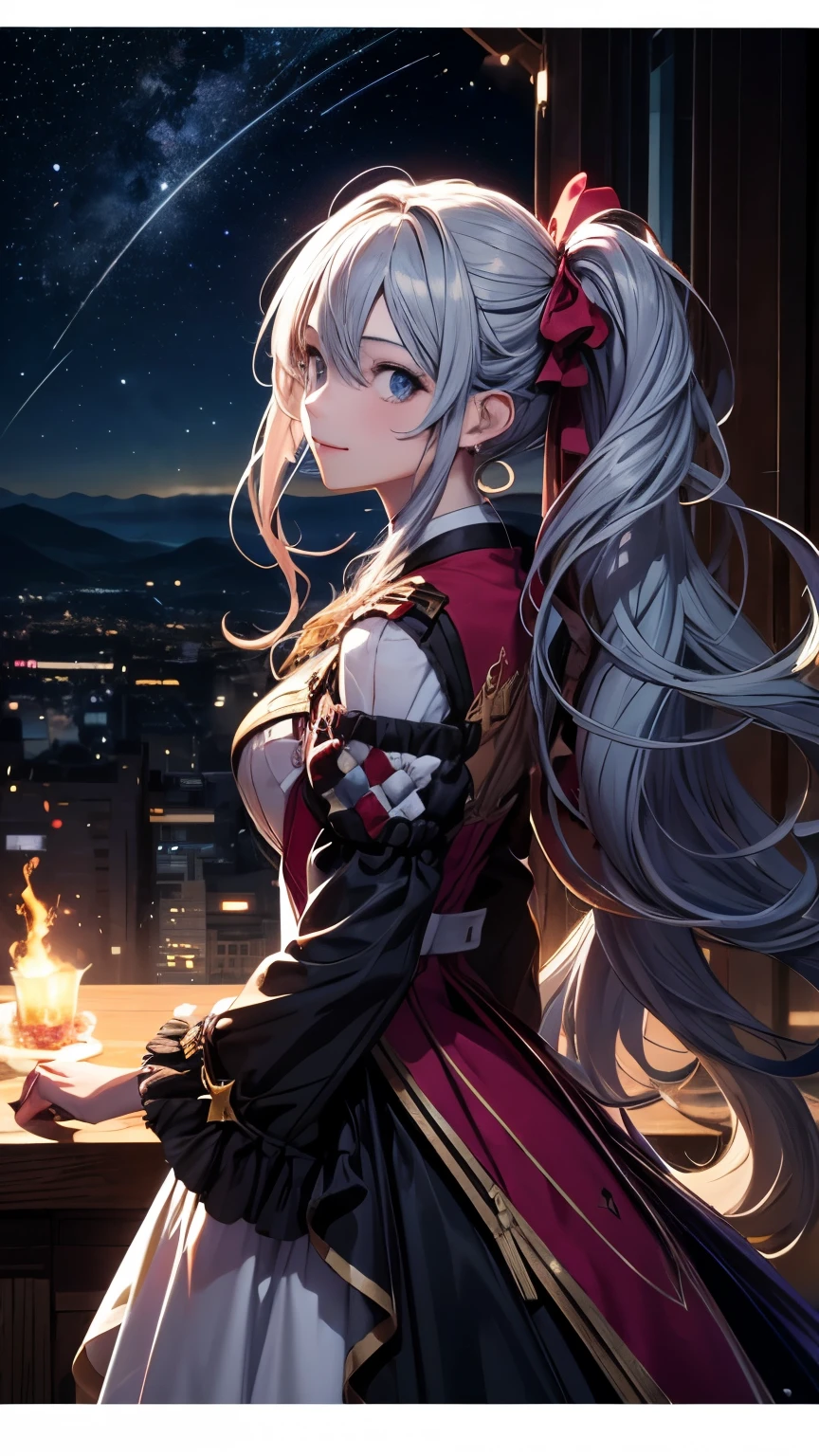 8K resolution, masterpiece, Highest quality, Award-winning works, unrealistic, From above, erotic, Only sexy women, healthy shaped body, 22 years old, Black Mage, Height: 165cm, Large, firm, swaying bust,, Silvery long wavy hair, Detailed facial depiction, break, god秘的な青い瞳, Standard nose, eyeliner, Pink Lips, Sexy long legs, Transparent muscle, holy knight, Gothic ruffle long dress, A dress with a complex structure, Seven colourful dresses, Clothed in flames, royal coat of arms, elegant, Very detailed, Delicate depiction of hair, Miniature Painting, Digital Painting, artステーションコンセプトart, Smooth, Sharp focus, shape, artジャム、Greg Rutkowski、Alphonse Mucha、William Adolphe Bouguereau、art:Stephanie Law , Royal Jewel, nature, Symmetric, Greg Rutkowski, Charlie Bowwater, unrealistic, Surreal, Dynamic Lighting, ファンタジーart, Complex colors, Colorful magic circle, flash, dynamic sexy pose, A kind smile, Mysterious Background, aura, A gentle gaze, break, Small faint lights and flying fireflies, night, lanthanum, 山の頂From above下界を見下ろす, Starry Sky, milky way, nebula, shooting star, god々輝く光を放つgod聖な杖, Back view, Facing the camera