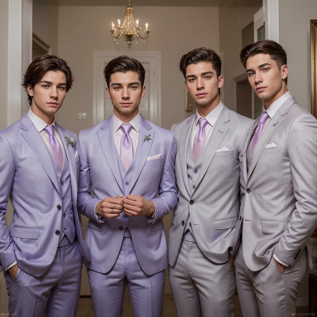 Three 25-year-old boys, with a masculine appearance, wearing a pastel lavender suit , like groomsmen . The scene depicts a masterpiece of art, showcasing the boy's professional and wealthy lifestyle. The image is of the best quality, with ultra-detailed features. The color tone is rich and vibrant ,masterpiece, ultra realistic, detailed face, detailed fingers