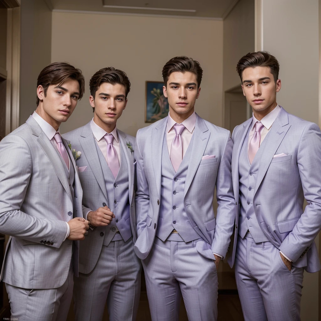 Three 25-year-old boys, with a masculine appearance, wearing a pastel lavender suit , like groomsmen . The scene depicts a masterpiece of art, showcasing the boy's professional and wealthy lifestyle. The image is of the best quality, with ultra-detailed features. The color tone is rich and vibrant ,masterpiece, ultra realistic, detailed face, detailed fingers