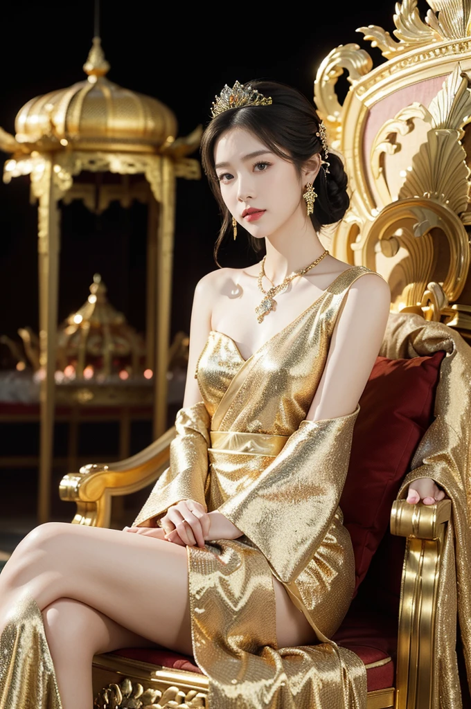 (((best quality))),(((ultra detailed))),(((masterpiece))),illustration,1 girl,solo,slim,thin,shoulder length straight bob hair,earrings,necklace,small breasts,flat chest,slender legs,high heels,Asian appearance,princess,royal,Chinese palace,night scene,magnificent dragon gown,golden crown,intricate embroidery,luxurious fabric,precious stones,(sitting on the metallic throne:1.3),decorative patterns,rich decorations,luxurious furnishings,regal charm,beautiful face,gentle smile,bright eyes,historical,traditional,city lights,modernity,frozen moment,beauty of the past,evolution of time,from front,full body,arms behind back,spread legs apart