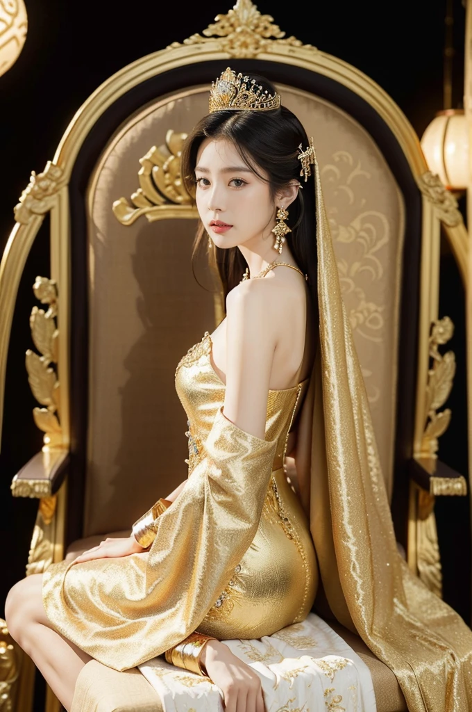 (((best quality))),(((ultra detailed))),(((masterpiece))),illustration,1 girl,solo,slim,thin,shoulder length straight bob hair,earrings,necklace,small breasts,flat chest,slender legs,high heels,Asian appearance,princess,royal,Chinese palace,night scene,magnificent dragon gown,golden crown,intricate embroidery,luxurious fabric,precious stones,(sitting on the metallic throne:1.3),decorative patterns,rich decorations,luxurious furnishings,regal charm,beautiful face,gentle smile,bright eyes,historical,traditional,city lights,modernity,frozen moment,beauty of the past,evolution of time,from front,full body,arms behind back,spread legs apart