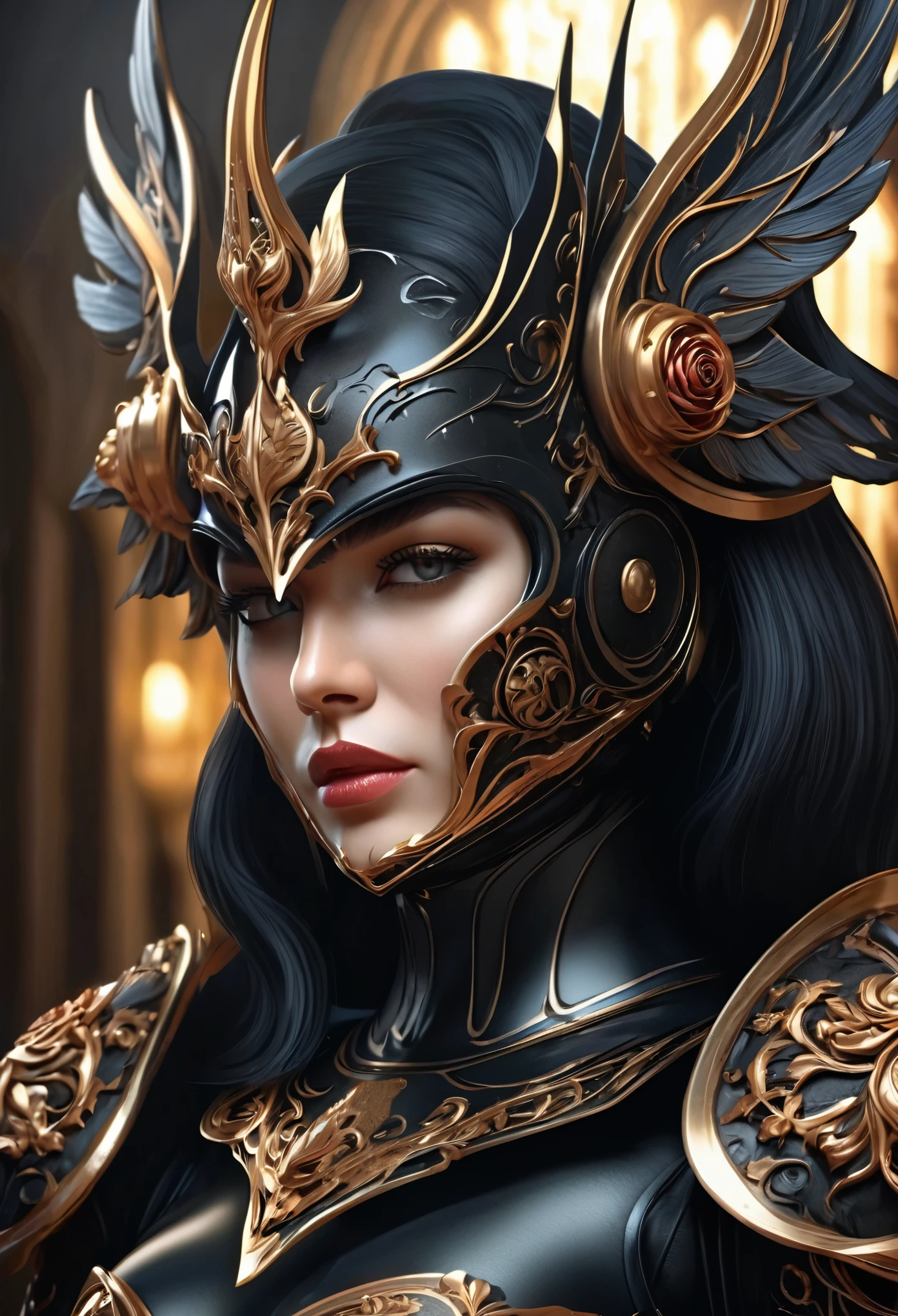 (best quality,4k,8k,highres,masterpiece:1.2), ultra-detailed, (realistic,photorealistic,photo-realistic:1.37),(Numerous award-winning masterpieces, incredibly detailed and textured, maximal resolution and clarity), (Hyper-realistic:1.4), (Realistic:1.3), Imagine a formidable female knight, her presence both terrifying and mesmerizing, inspired by the sinister beauty of a black rose. Her appearance exudes an aura of dark elegance and unyielding strength, a true embodiment of the deadly flower she represents.
Her armor is a masterpiece of gothic design, crafted from dark, obsidian-like metal that gleams with a menacing sheen. The armor is intricately detailed with swirling patterns that mimic the delicate petals of a rose, each curve and flourish adding to the aura of dark beauty. The pauldrons are adorned with sharp, thorn-like protrusions, giving her an intimidating silhouette and ensuring that her enemies are kept at bay.
Her helmet, designed to resemble a blooming black rose, features a faceplate that reveals piercing eyes the color of midnight, filled with a cold, calculating intensity. The helmet’s petals seem to unfurl around her head, creating an almost crown-like effect that signifies her regal yet fearsome nature.