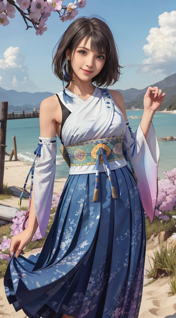 Masterpiece, Best quality, absurderes, Perfect anatomy, 1girll, Solo, YunaFFX, Heterochromia, Short hair, YunaOutfit, hair adornments, Detached sleeves, hakama, sash, Hakama skirt, Long skirt, Cowboy shot, Smile,