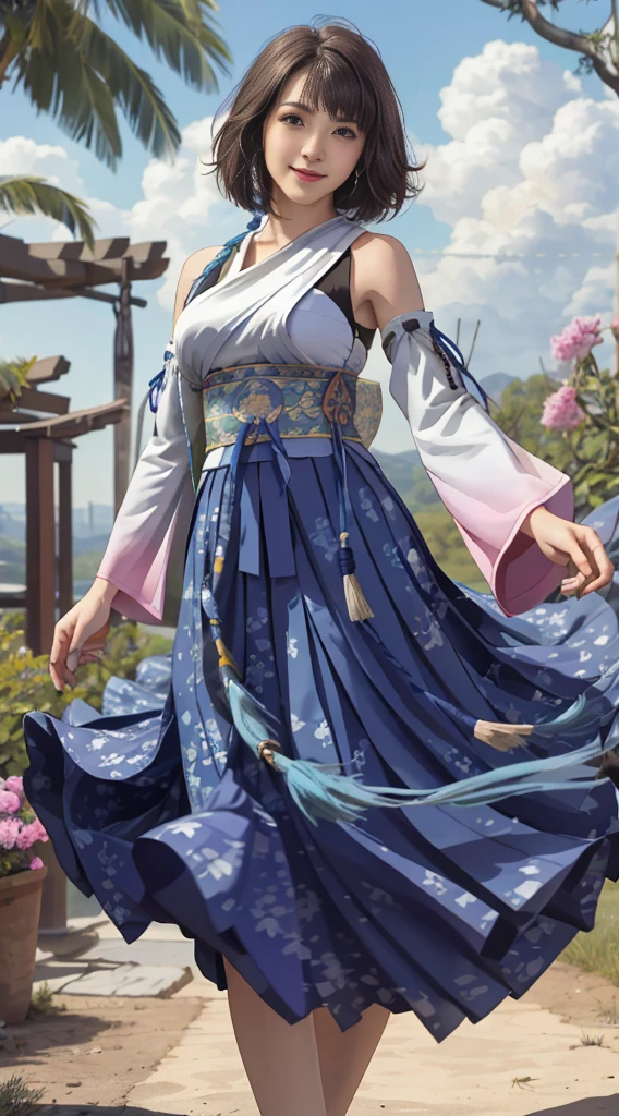 Masterpiece, Best quality, absurderes, Perfect anatomy, 1girll, Solo, YunaFFX, Heterochromia, Short hair, YunaOutfit, hair adornments, Detached sleeves, hakama, sash, Hakama skirt, Long skirt, Cowboy shot, Smile,