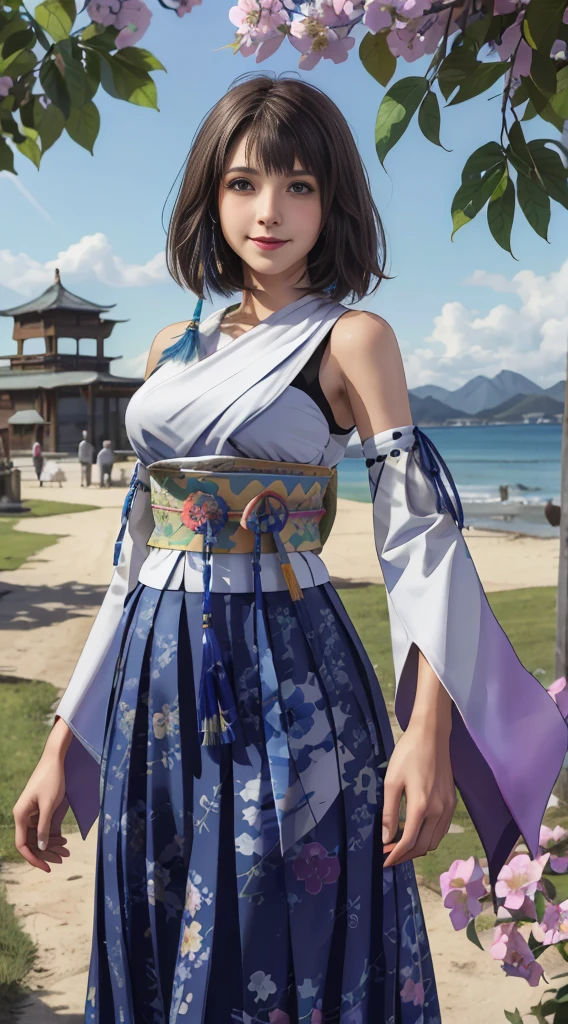 Masterpiece, Best quality, absurderes, Perfect anatomy, 1girll, Solo, YunaFFX, Heterochromia, Short hair, YunaOutfit, hair adornments, Detached sleeves, hakama, sash, Hakama skirt, Long skirt, Cowboy shot, Smile,