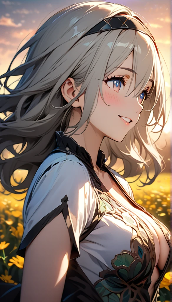 beautiful girl, long grey hair, beautiful face,smiling,close up to hips, beautiful moderate breast, in the middle of flowers field, (open mouth:0.4),illustration,detailed textures(realists),ultra-detailed,portrait style,vivid colors,soft lighting, blushing, mature, hair fluttering, evening light , head band, ((half body)), cleavage, no bra , wearing intricate dress, perky. ((side profile ))