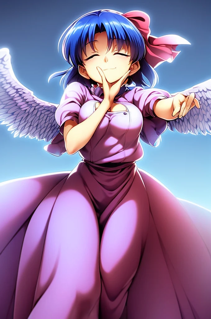 masterpiece, best quality, 1girl, , , 10 years old, medium blue hair, hair flaps, pink ribbon on head, well-formed face, blue eyes, angel girl, white blouse, puffy short sleeves, red ribbon, angel wings, long white skirt, red shoes, frills, ribbon head, from behind, to lift up one’s skirt, cowboy shot, from front, standing , raise one leg, crossed arms, arms up behind, arms behind back, hand between legs, put hands hip, one hand on hip, forward hands, arms raised in the air, punch hands, peace sign, waving, put up index finger, sit, lie down, closed eyes, lie face down, looking back, put one hand chest, leaning forward, cleavage, close up, horizontally outstretched arms, horizontally outstretched legs, front view, front face