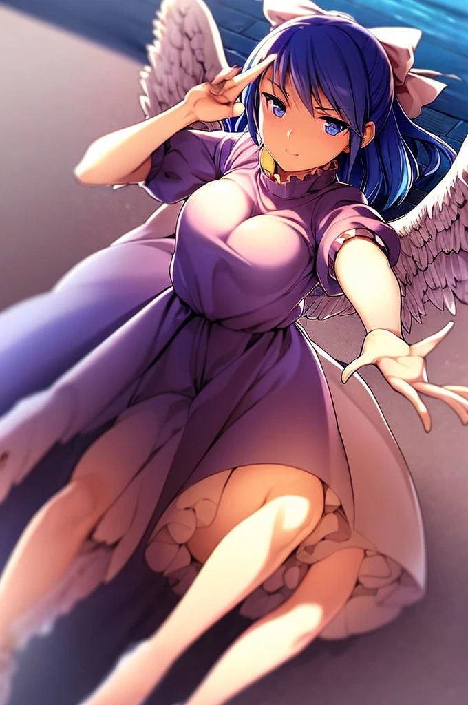 masterpiece, best quality, 1girl, , , 10 years old, medium blue hair, hair flaps, pink ribbon on head, well-formed face, blue eyes, angel girl, white blouse, puffy short sleeves, red ribbon, angel wings, long white skirt, red shoes, frills, ribbon head, from behind, to lift up one’s skirt, cowboy shot, from front, standing , raise one leg, crossed arms, arms up behind, arms behind back, hand between legs, put hands hip, one hand on hip, forward hands, arms raised in the air, punch hands, peace sign, waving, put up index finger, sit, lie down, closed eyes, lie face down, looking back, put one hand chest, leaning forward, cleavage, close up, horizontally outstretched arms, horizontally outstretched legs, front view, front face