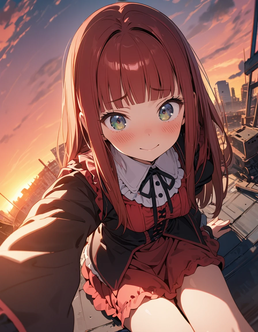 (8K, best quality, master piece: 1.2), super high resolution,novel illustration,1girl,16yo,ultra-detailed face,detailed eyes,mascara,smile,Embarrassed,red hair,bashful,Lolita Fashion(red:1.4),cute,crimson Bustier,Straight Hair,Long Hair,blunt bangs,Sitting on top of a construction site,Shot from above,Reddish Sky at Sunset,Rim Light,Selfie,Fisheye,no black picture
