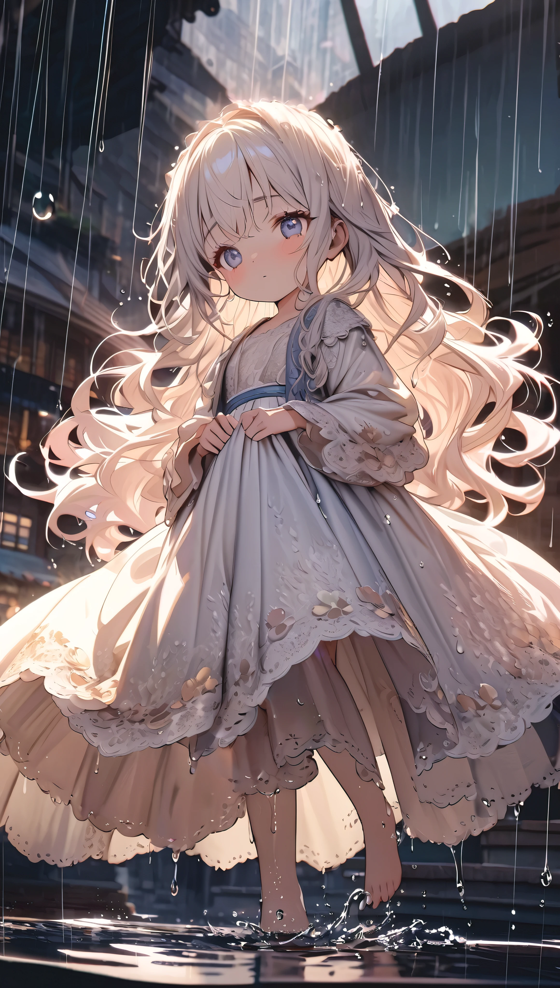 (full body), (solo), (A 7-year-old girl:1.2), (very young little girl), loli, (Solo), (small breast), (wide angle), raw photo, Aesthetic, Convoluted, Awarded, chiaroscuro, Best Quality, Detailed background, (Misty atmosphere:1.2), (hard rainy day:1.1),((Girl in very long white hanfu dress:1.2)), large white silk dress, long white hanfu with a silk texture, best wrinkles, real wrinkles, best shadows, (wet, wet body, wet hair, wet skin, very wet white dress, reflection on the wet dress, delicate cherry blossom embroidery, subtle water droplets:1.15), (water spray:1.1), In the heart of the rainstorm, the girl's white dress emerges as the central canvas of the scene. The fabric, once crisp and structured, now clings to her form with the weight of the rain. Each delicate fold and crease of the dress captures the essence of the downpour, transforming into a fluid silhouette that mirrors the contours of her body. The dress, adorned with intricate lace and subtle embroidery, takes on a life of its own. The lace, once a pattern of air and light, now holds the rain's secrets, each loop and thread glistening with captured droplets that refract the ambient light into a spectrum of soft pastels. As the girl moves, the dress responds with a lifelike fluidity, the hem swirling and eddying like a river in motion. The translucency of the wet fabric reveals the dance of shadows and light beneath, the contours of her legs hinted at through the sheer, rain-soaked layers. The camera captures the dress from various angles, each revealing a different facet of its transformation. A close-up reveals the fabric's texture, the threads now plush with water, the weave of the lace taking on a new depth. The dress's surface is peppered with countless raindrops, each a tiny prism reflecting the world around it. From a distance, the dress becomes a part of the larger tableau, its whiteness contrasting with the dark, rain-soaked ground. The camera zooms in to capture the way the fabric clings to