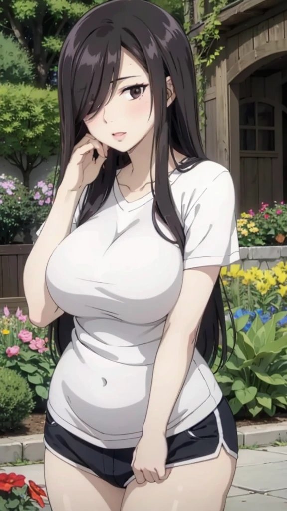 Mom with 4 daughters, mature women,realistic skin,perfect ,black hair, long hair, (hair over one eye:1.4), messy hair, hair between eyes, chubby,plump,fat, ???? lips, pucker lips,cute shy blush on,on the garden ,4 daughters
