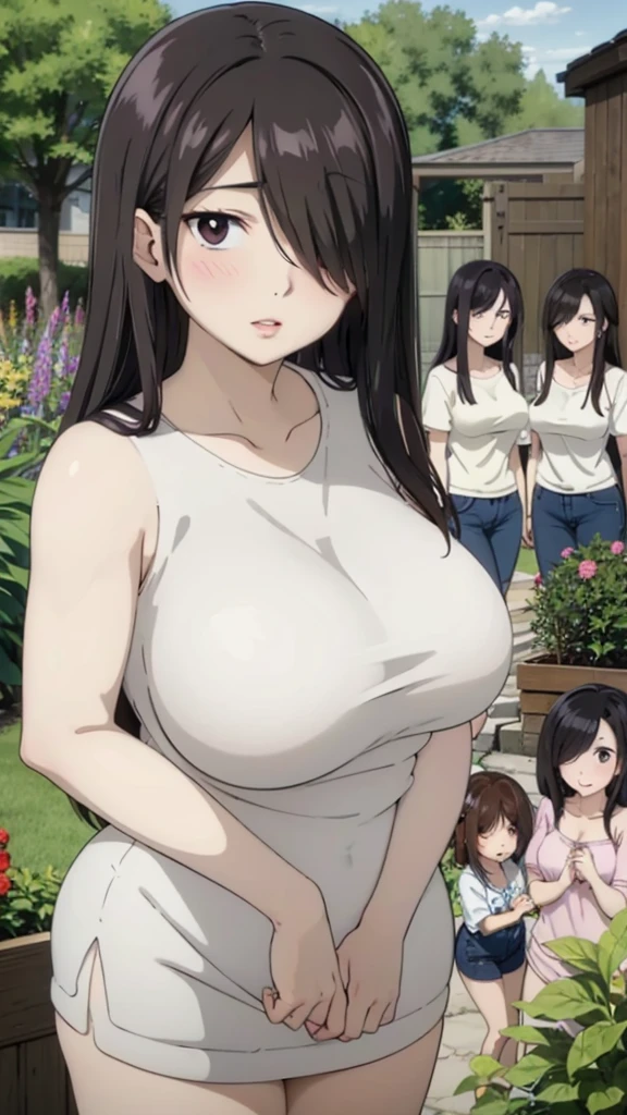 Mom with 4 daughters, mature women,realistic skin,perfect ,black hair, long hair, (hair over one eye:1.4), messy hair, hair between eyes, chubby,plump,fat, Sexy lips, pucker lips,cute shy blush on,on the garden ,4 daughters