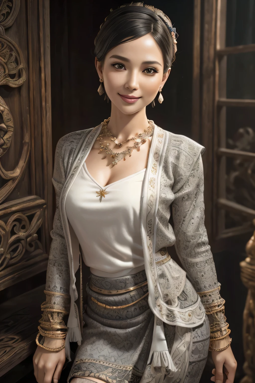 (realistic:1.3), insane detailed, quality, (masterpiece:1.2), (photorealistic:1.2), (best quality), (detailed skin:1.3), (intricate details), ray tracing, ((half body)), ((1woman)), (((1 person))), 40 years old, short hair, smile, grey dress, skirt with pattern, color contrast between the dress and the skirt, skirt pattern, earrings, necklace, Javanese ornament, (blurred background)