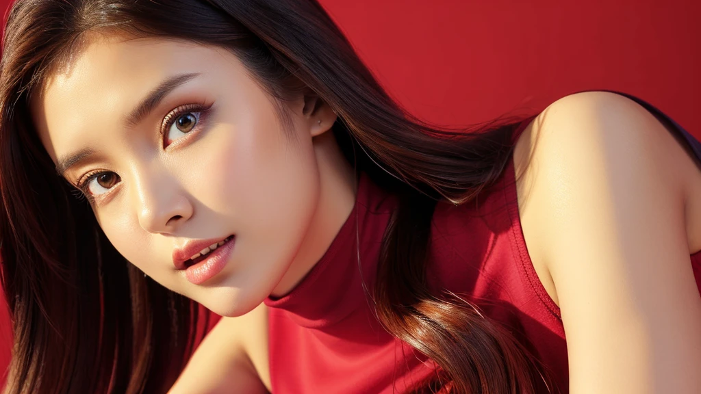 (detailed face),VIVID,pretty,sleeveless and turtle neck silky clothes,4k ,super high resolution ,(photo-realistic: 1.7),redbackground,long hair,