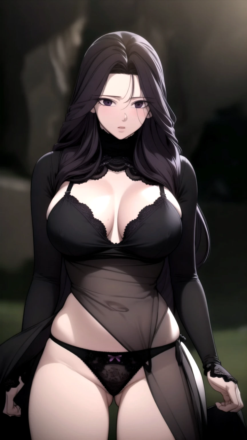 Masterpiece, best quality, very detailed, Ultra high resolution, (photorealistic:1.4), raw photos, (realistic:0.2), 1 girl, alone, long hair,purple eyes,8k hdr, 1 girl,black hair, shy,blushing , medium-large breast, bright eyes, ,,(black lace underwear) ,Spread your legs, Dark Cave