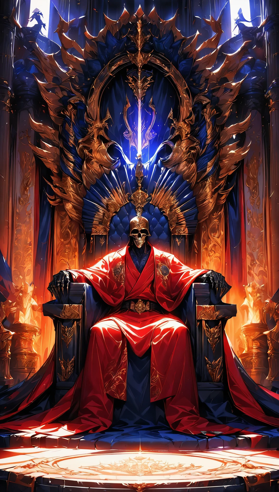 The king of skeletons sitting on a throne, Ritchie, Immortal King, Luxurious throne, Royal residence, Symbol of authority, The raised tapestry, High-quality texture, A sacred atmosphere, Throne Room, Magnificent light effects, Fanatics, Servant, (Highest quality:1.2, Very detailed, Latest, Vibrant, Ultra-high resolution, High Contrast, masterpiece:1.2, Highest quality, Best aesthetics), 