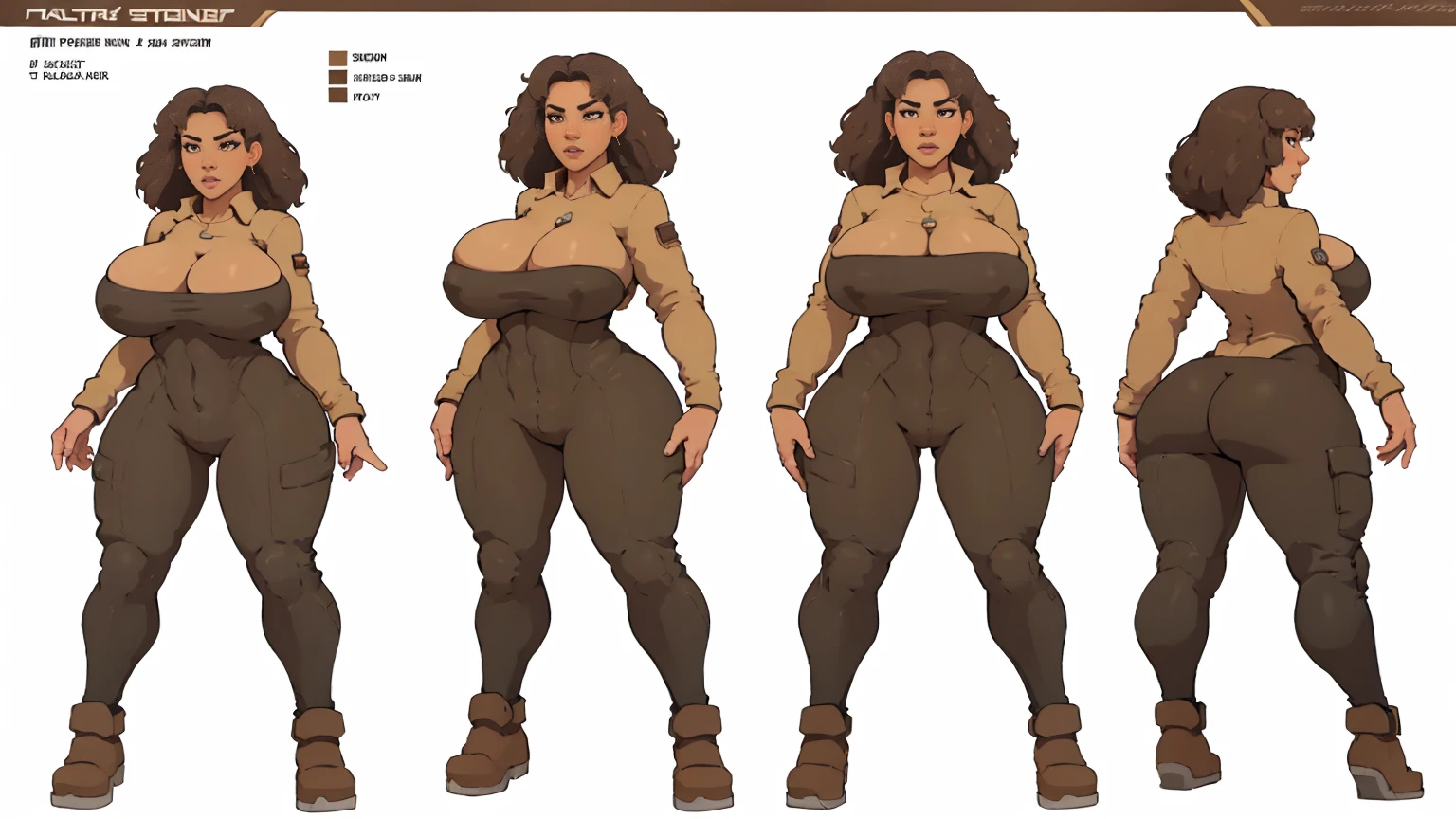 ((character concept art)), ((character design sheet, same character)),(full body view), (adult MILF), Tall stature, little chest, closed mouth, brasilian appearance: brown eyes; brown hair; sharp facial features; dimple on the chin; Straight nose; high nose; pronounced high cheekbones; high forehead, stands upright, oiled skin, plump physique, (gigantic breasts:1.2), wide hips, brasilian butt, huge legs, big tighs, detailed face, ((black bodysuit)).