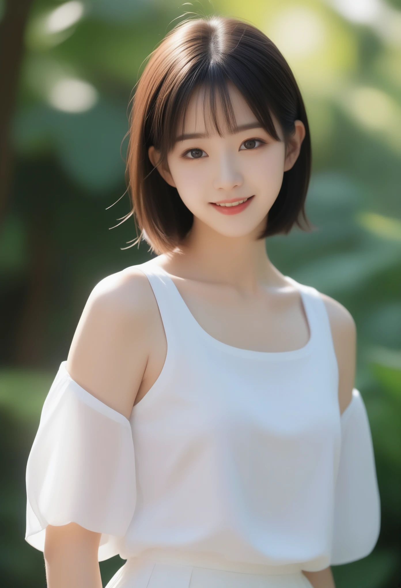 8K, Ultra-high resolution, Highest quality, masterpiece, 三分割法によるphotograph,Surreal, photograph, 1 girl, (:1.3), pretty girl, Cute face, Beautiful eyes in every detail, 細かくdetailedに,masterpiece,, One Girl:1.2, Japan Female Announcer,whole body、Black Hair、well-groomed eyebrows、Cute Lip Makeup,garden,squirt,summer,Sparkling sunlight,Blouse with collar,Pencil Skirt,Cute gestures、so beautiful,A carefree smile,Healing the heart,blunt bangs,Looking at the audience、beauty,Long neck、Laugh a little、Please close your mouth and laugh、(((Ideal body type))),A-cup small breasts :2,、Portraiture:2、Perfect Anatomy、鮮明なdetailed、detailed、Surreal、Light and shadow,Strong light
