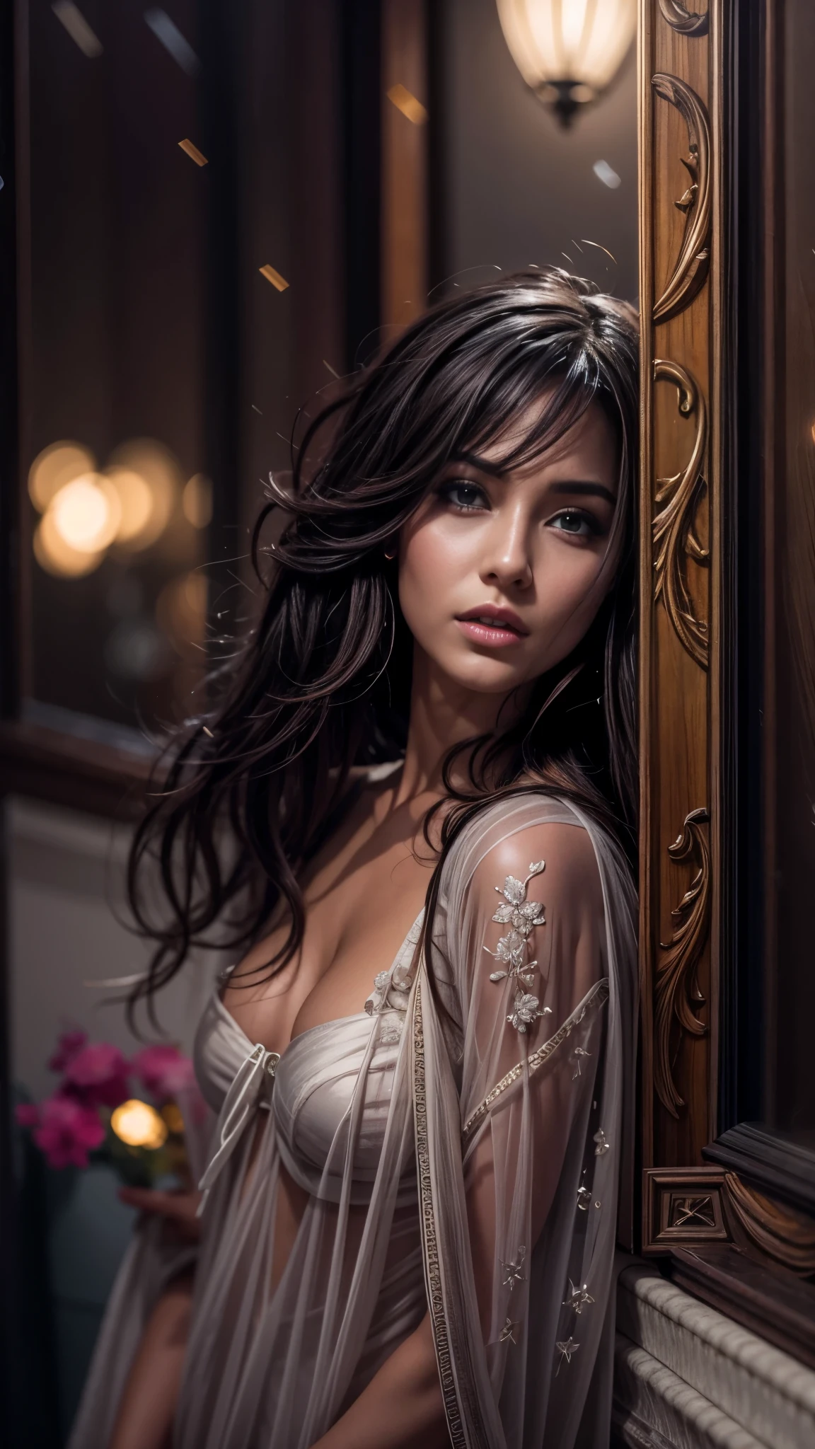 (32k:1.5, Highest quality, masterpiece, Ultra-high resolution), Perfect dynamic composition, Professional camera work:1.6, Highly detailed skin and face textures:1.3, Mysterious portrait:1.3, Very accurate, Very detailed, 1 adult female, ((Amazing night view from the rooftop, The moonlight at night illuminates my body)), (Wrapping a towel around your body:0.5, From behind:0.5), Incredibly slim body, Fair skin, Elegant features, Expressions of sadness:0.5, (Big eyes that exude beautiful eroticism:0.8, A dreamy look:1.0, I love you with all my heart:0.8, Please open your mouth a little, lipstick, Feel the beautiful eroticism:0.8), (Wet dark brown medium length hair), Candles, The chest is medium, Earrings, necklace, bracelet, romantic, Tilt, get up, ((Adult charm, Feminine charm, Hair blowing in the wind))