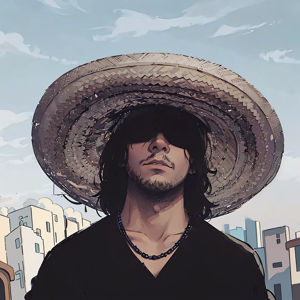 A man is standing outdoors under a clear blue sky with a few wispy clouds. He is wearing a large, woven straw sombrero that casts a shadow over his face, partially obscuring it. He has medium-length dark hair and is wearing dark sunglasses, giving him a mysterious and cool appearance. His expression is serious, with a slightly tilted head. He is dressed in a black shirt with a simple design and a black beaded necklace. The lighting is natural daylight, highlighting the textures of the hat and the man's facial features while creating a contrast between the shadows and the bright sky. The overall style of the image is casual with a hint of ruggedness, and the color palette is dominated by neutral tones with accents of black and brown.