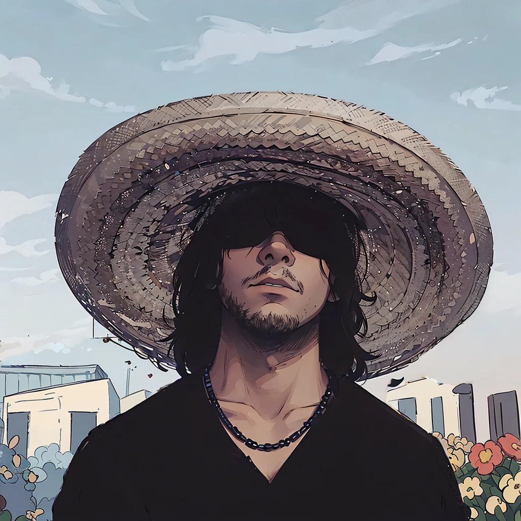 A man is standing outdoors under a clear blue sky with a few wispy clouds. He is wearing a large, woven straw sombrero that casts a shadow over his face, partially obscuring it. He has medium-length dark hair and is wearing dark sunglasses, giving him a mysterious and cool appearance. His expression is serious, with a slightly tilted head. He is dressed in a black shirt with a simple design and a black beaded necklace. The lighting is natural daylight, highlighting the textures of the hat and the man's facial features while creating a contrast between the shadows and the bright sky. The overall style of the image is casual with a hint of ruggedness, and the color palette is dominated by neutral tones with accents of black and brown.