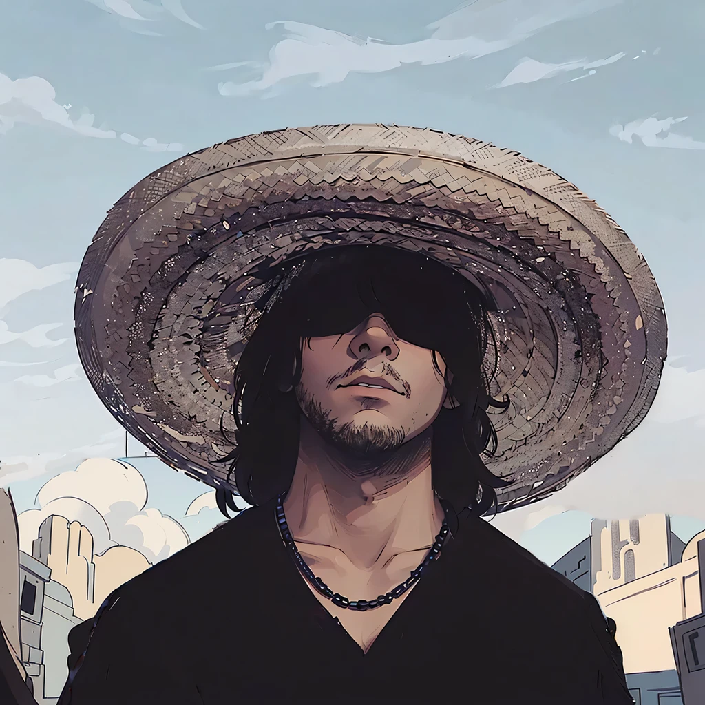 A man is standing outdoors under a clear blue sky with a few wispy clouds. He is wearing a large, woven straw sombrero that casts a shadow over his face, partially obscuring it. He has medium-length dark hair and is wearing dark sunglasses, giving him a mysterious and cool appearance. His expression is serious, with a slightly tilted head. He is dressed in a black shirt with a simple design and a black beaded necklace. The lighting is natural daylight, highlighting the textures of the hat and the man's facial features while creating a contrast between the shadows and the bright sky. The overall style of the image is casual with a hint of ruggedness, and the color palette is dominated by neutral tones with accents of black and brown.